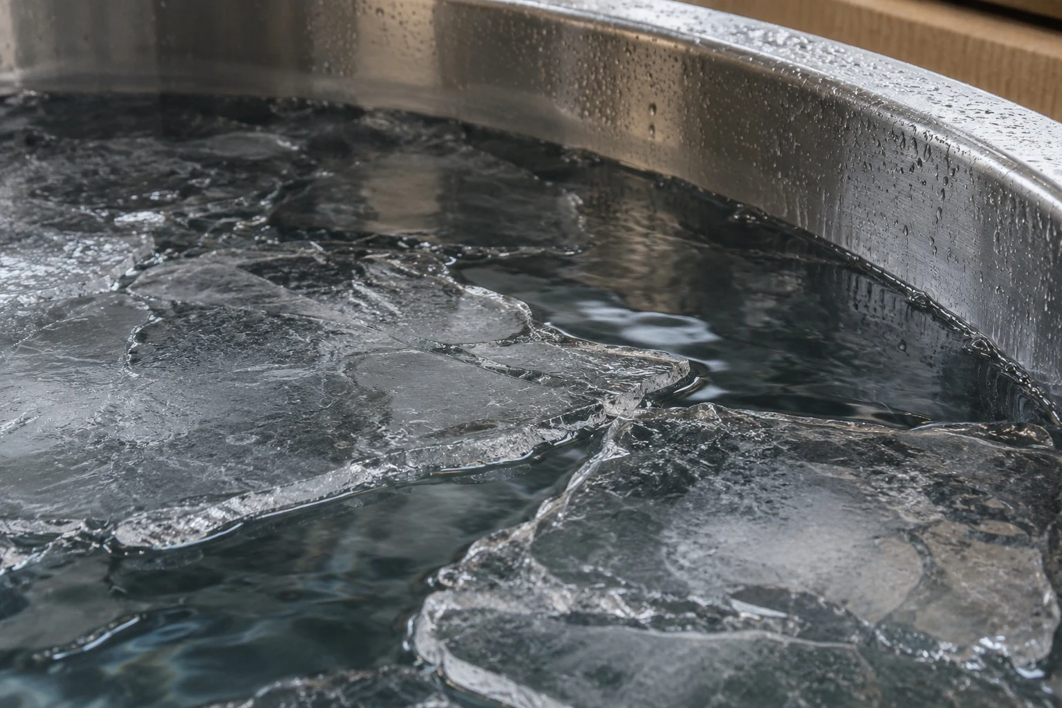 Concept study of clear real ice floating on water in a stainless-steel plunge