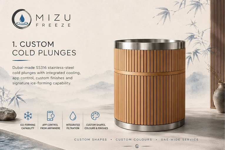 Mizu Freeze cylindrical cold plunge with vertical timber cladding and a stainless-steel interior